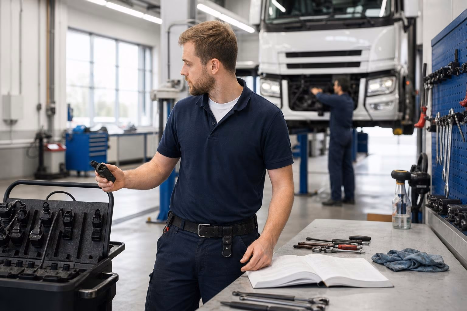 Diagnose-Trolley mit einer Reihe verschiedener OBD-Adapter in den Steckplätzen, Hände eines Mechanikers im Halbprofil greifen einen der Adapter