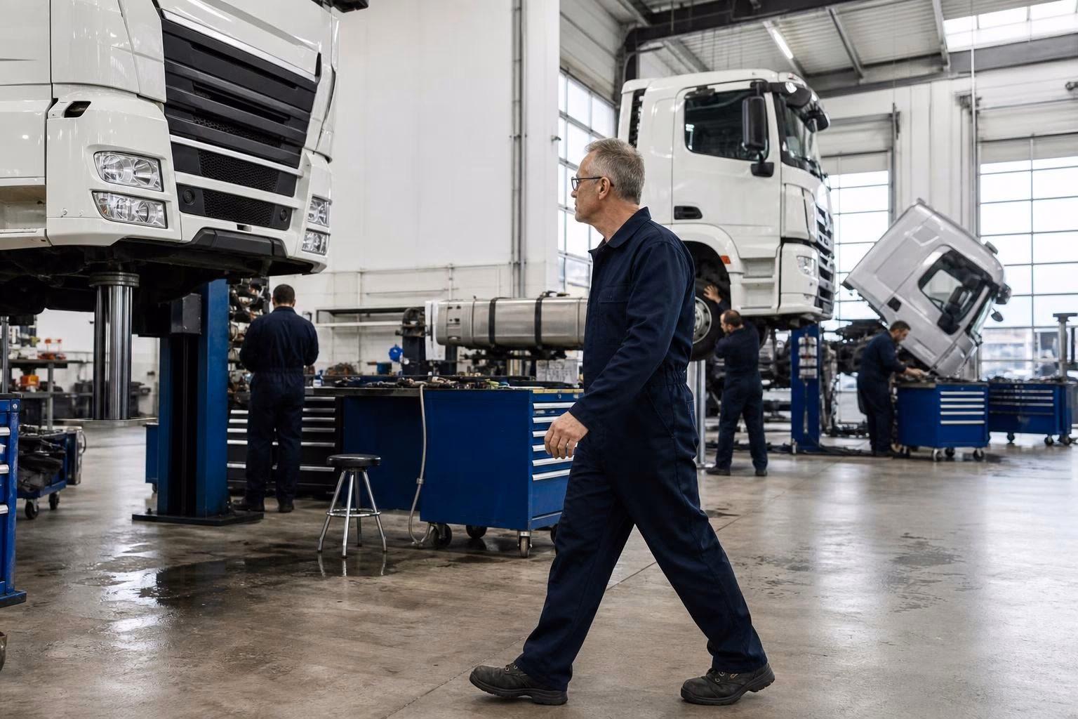 Hallentotale einer Nutzfahrzeug-Werkstatt mit mehreren Lkw auf Hebebühnen, im Vordergrund eine Mechaniker-Crew in dunkelblauen Coveralls von hinten