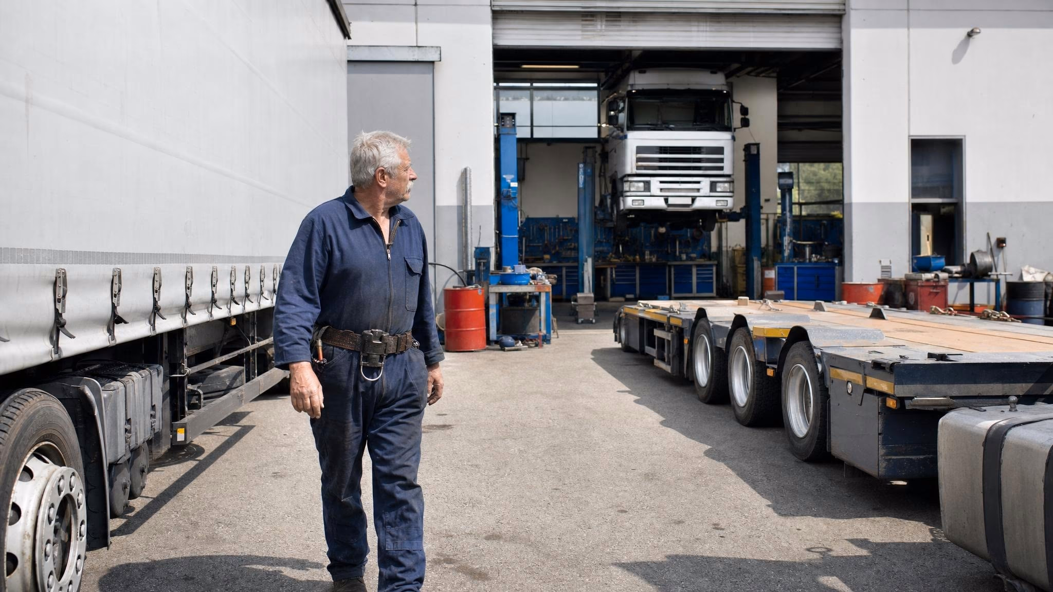Werkstatthof mit Sattelauflieger und Tieflader nebeneinander geparkt, im Vordergrund ein Mechaniker im Halbprofil in dunkelblauen Coveralls