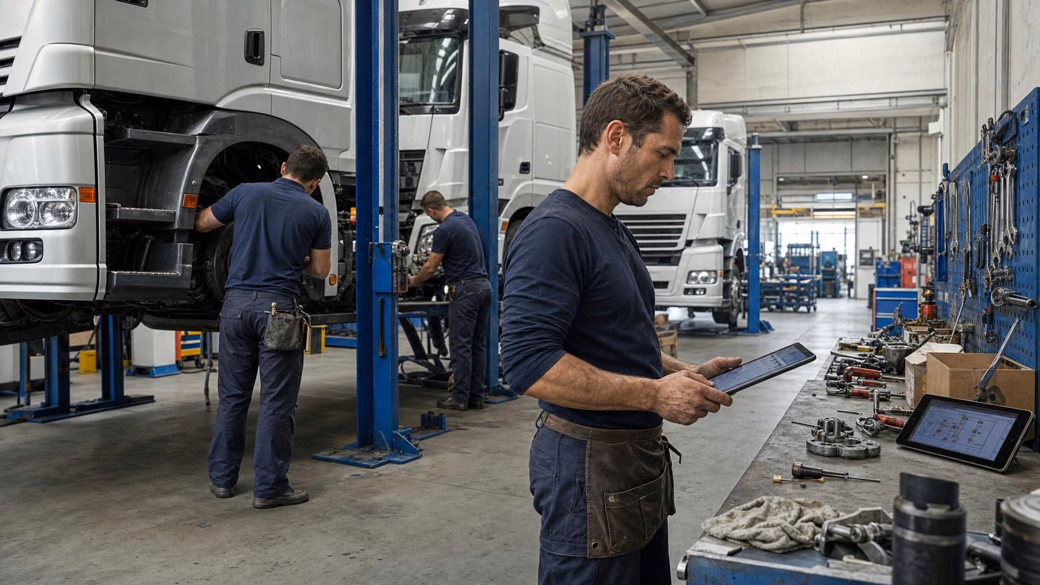 Werkstatthalle mit drei Lkw parallel auf Hebebühnen, Mechaniker in dunkelblauen Coveralls von hinten und im Halbprofil bei der Arbeit