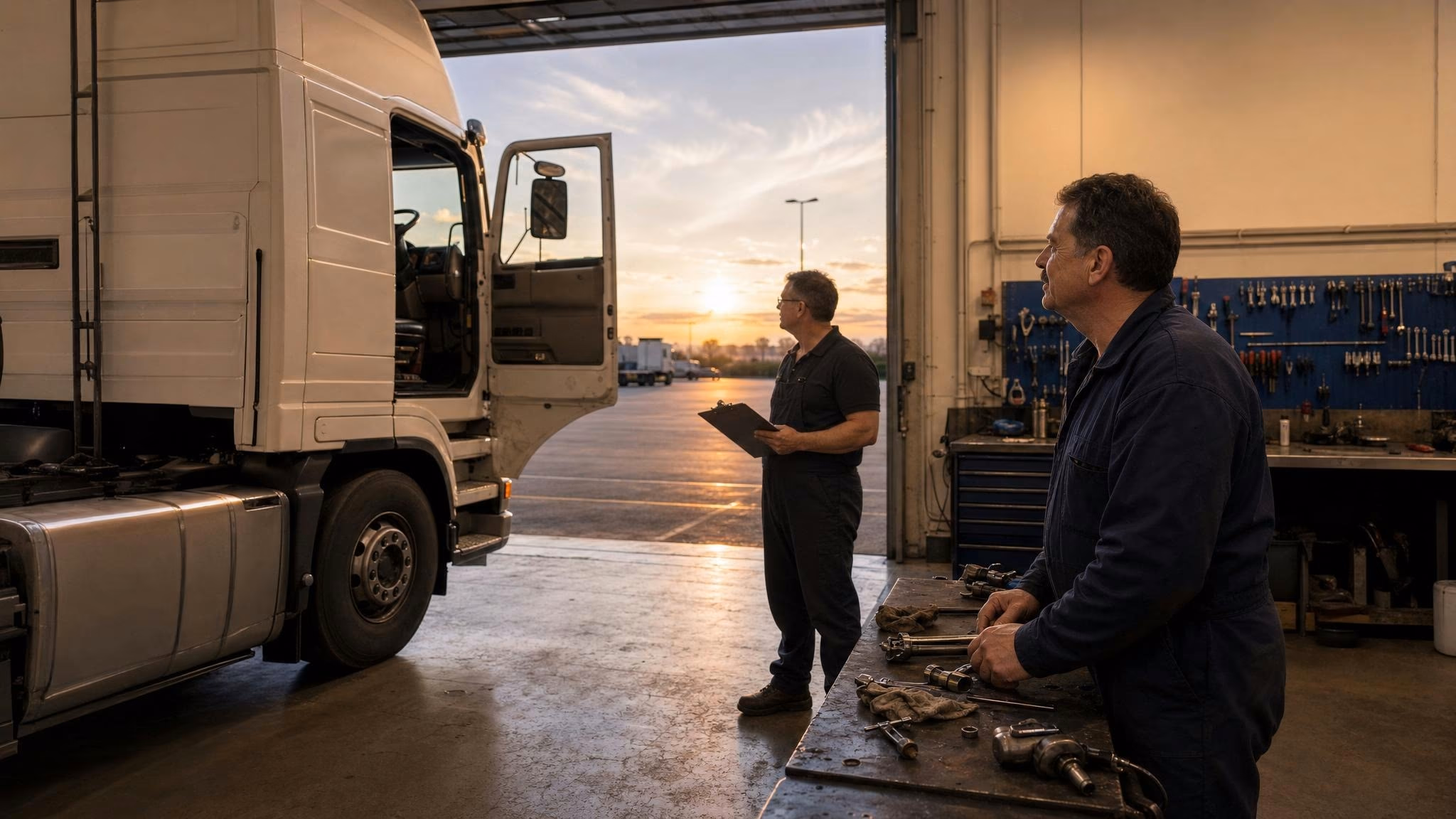 Werkstatthof in der Dämmerung, ein Lkw wartet vor dem Werkstatttor, Disponent im Halbprofil mit Klemmbrett in dunkelblauen Coveralls