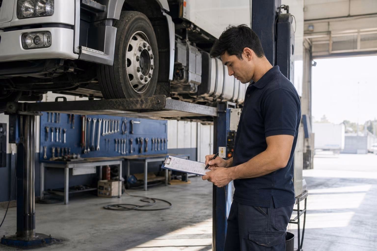 Hebebühne mit angehobenem Lkw, Prüfer im Halbprofil mit Klemmbrett kontrolliert die Bühnenmechanik von der Seite