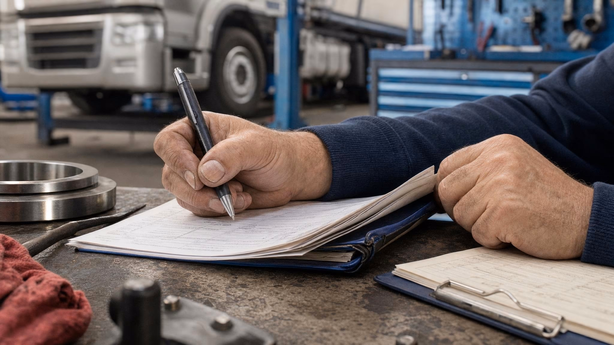 Werkstattmeister mit Papier-Auftragsmappe und Stift am Besprechungstisch, Klemmbrett daneben