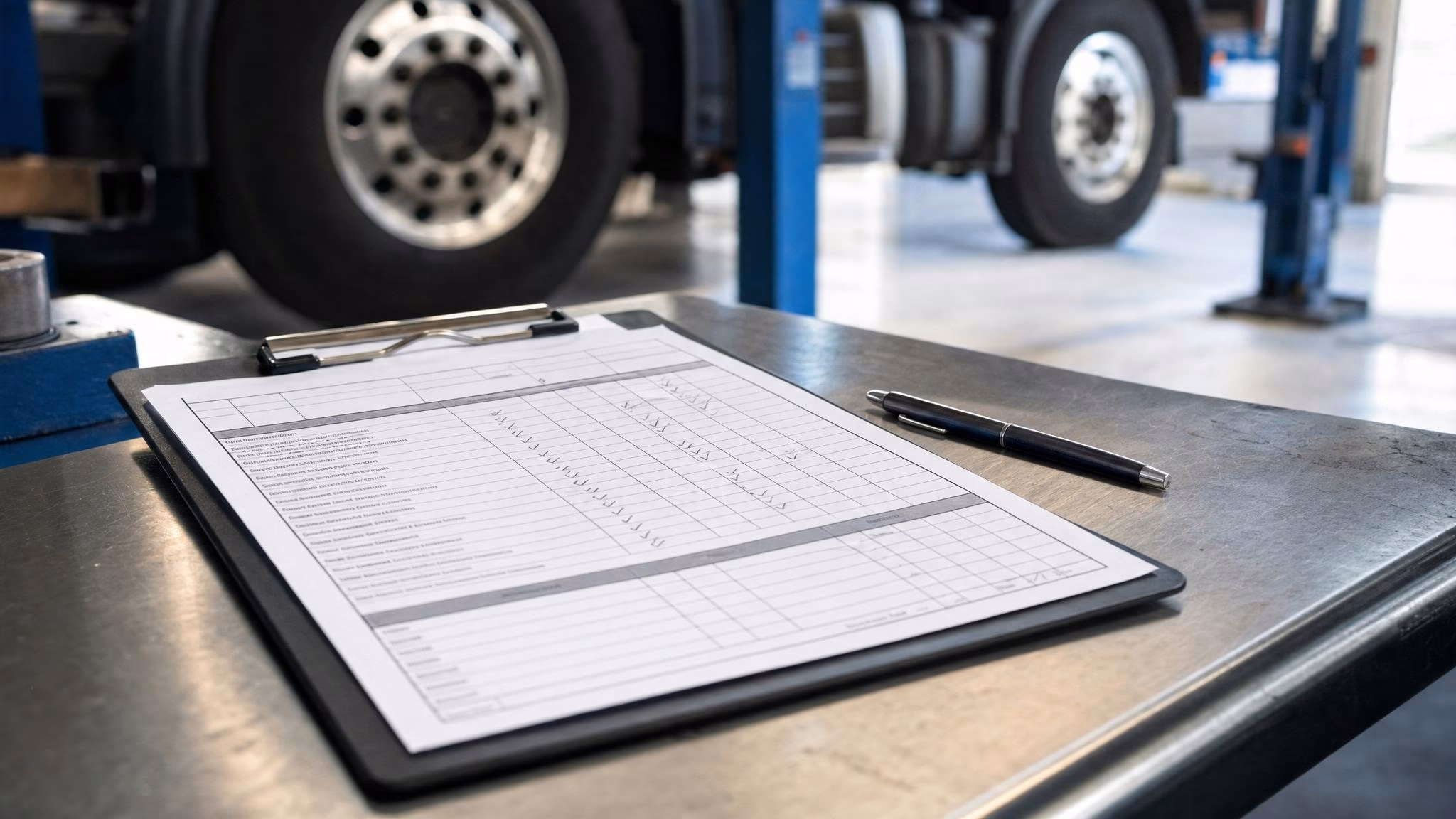 Service-Klemmbrett mit Stift auf Edelstahl-Werkbank, Lkw-Hebebühnen unscharf im Hintergrund.
