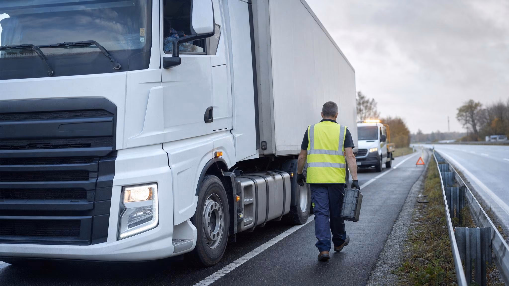 Fahrer in Warnweste neben Lkw stellt Warndreieck auf, Halbprofil von hinten