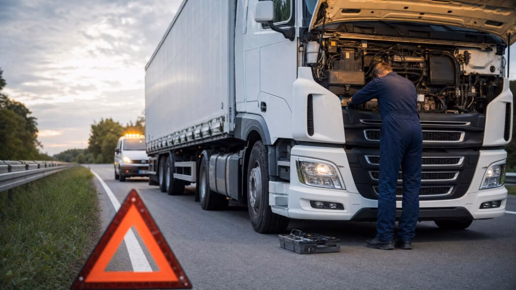 Monteur in dunkelblauen Coveralls unter geöffnetem Lkw-Motorraum am Standstreifen, Warndreieck im Vordergrund