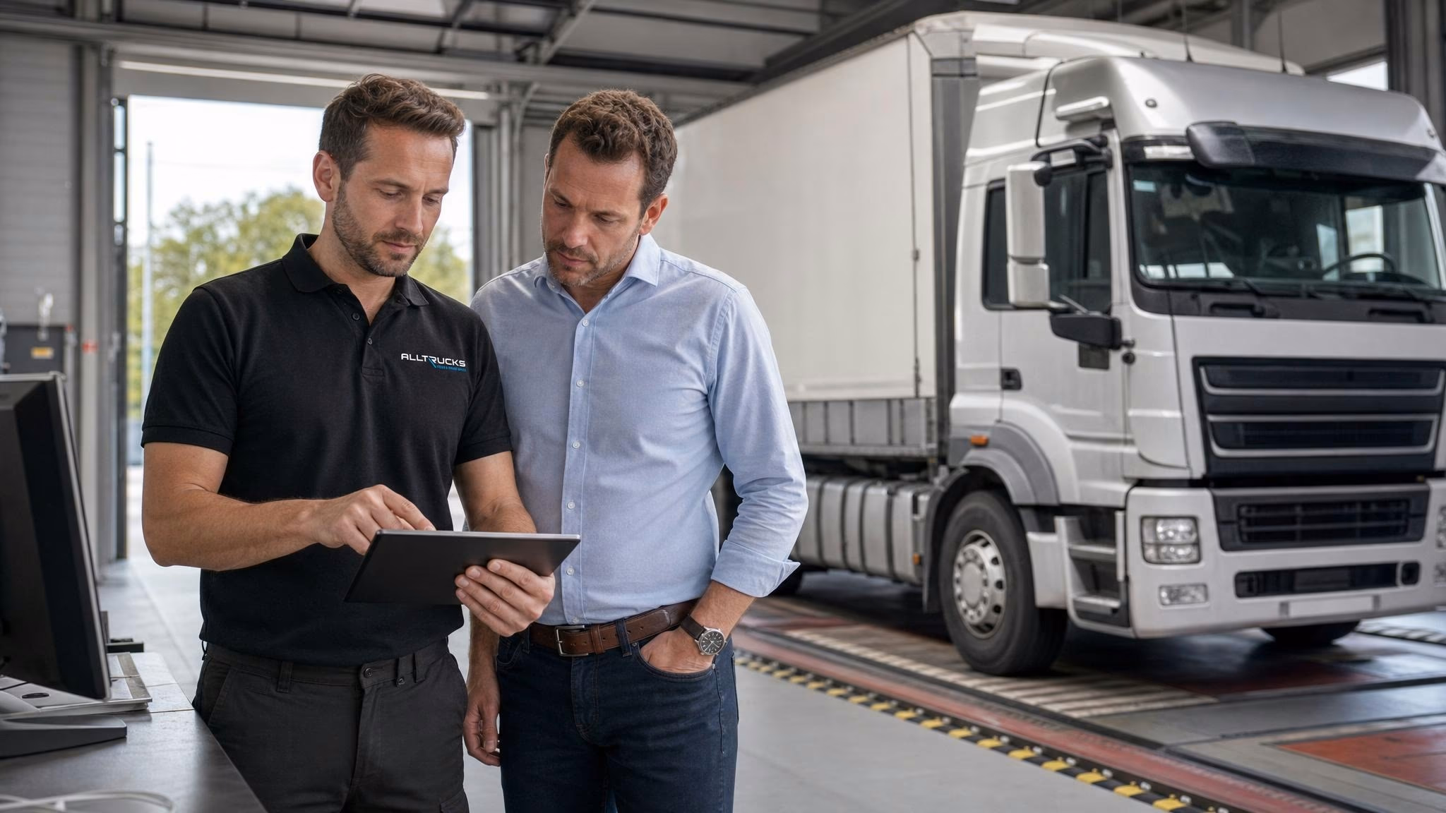 Lkw steht auf dem Bremsenprüfstand in der Werkstatt, Trommeln rotieren unter den Achsen, Mechaniker im Halbprofil beobachtet die Messung