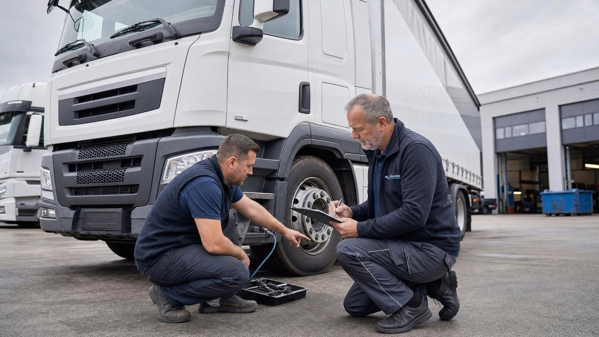 Nahaufnahme: Hände eines Mechanikers ziehen mit Drehmomentschlüssel die Schrauben am Bremssattel einer Lkw-Achse fest
