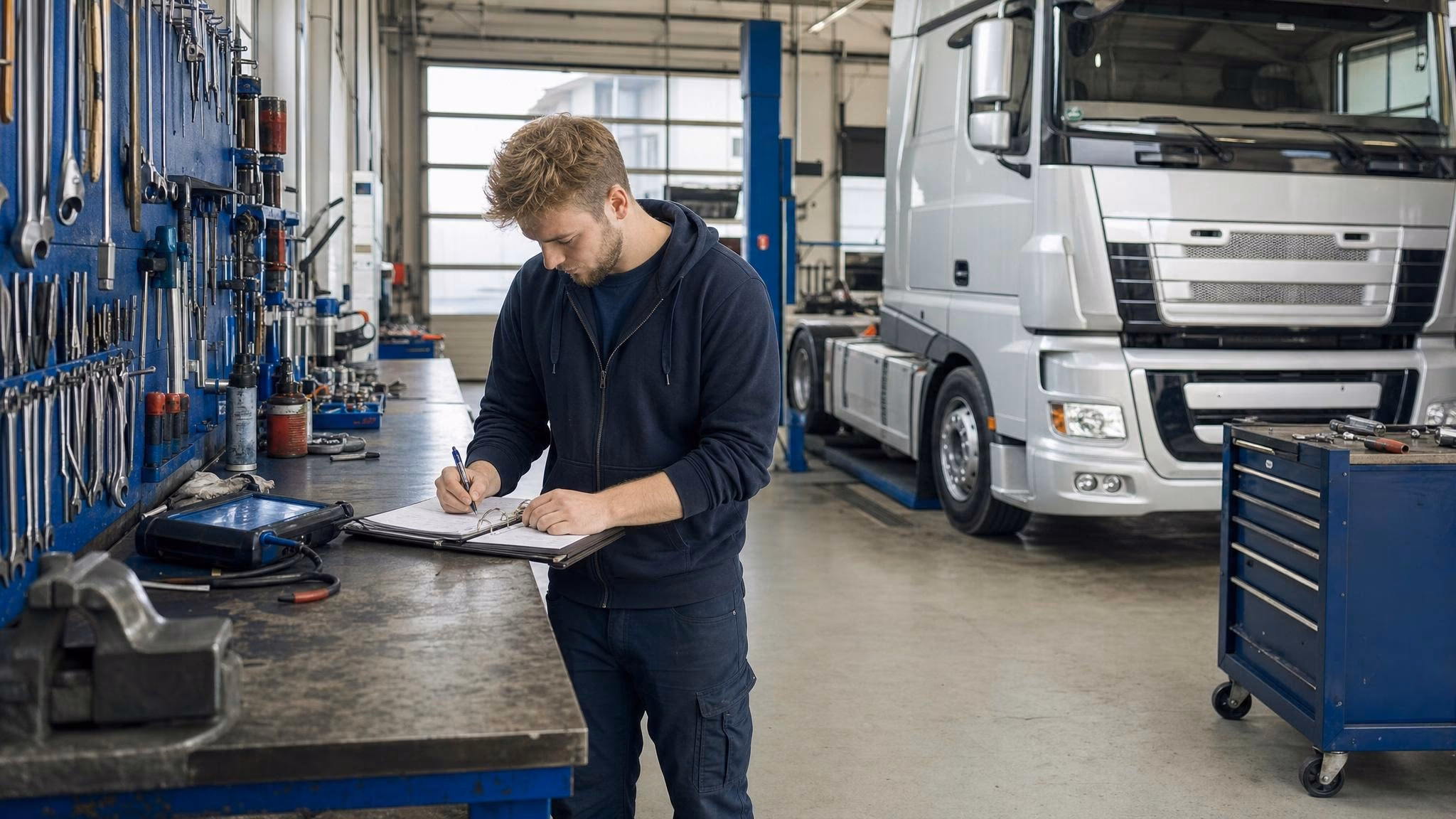 Auszubildender Mechatroniker notiert an einer Werkbank in einer Lkw-Werkstatt, umgeben von Werkzeugen und