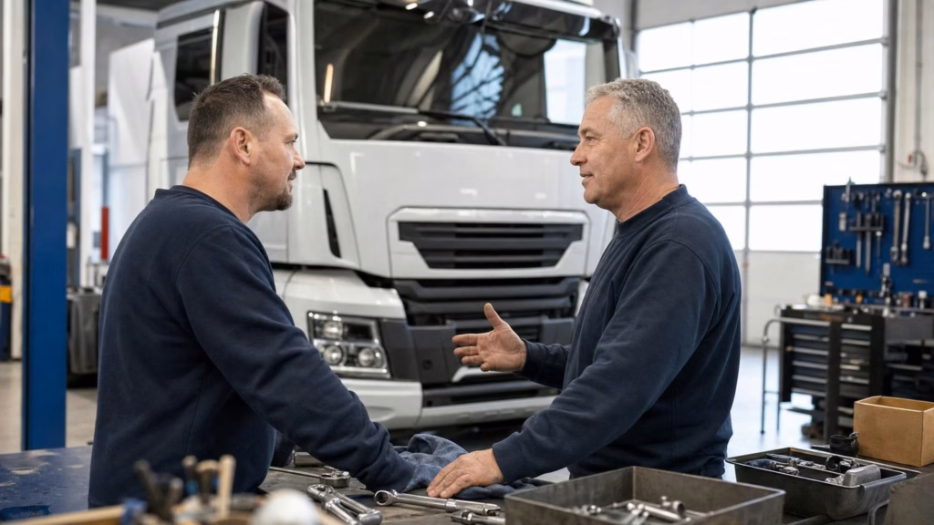 Werkstattmeister notiert Anforderungen mit NFZ-Mechatroniker in Lkw-Werkstatt.