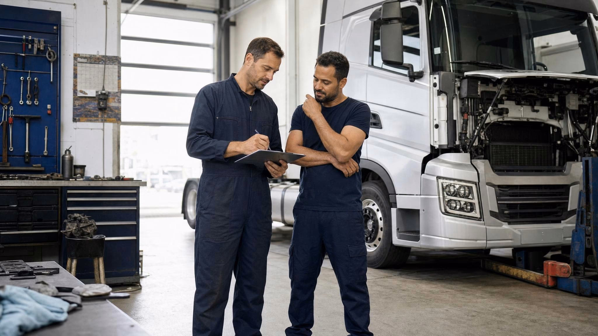 Werkstattmeister und nfz-mechatroniker bereiten im Sozialraum der Lkw-Werkstatt die nächste Reparatur vor.