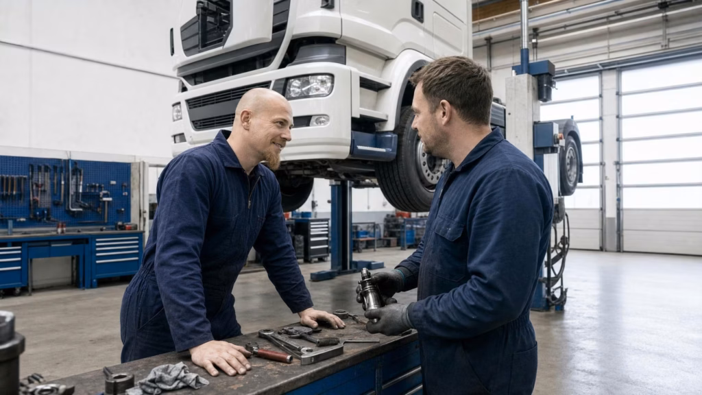 Werkstattleiter Michael bespricht mit NFZ-Techniker Tom den Dienstplan am Werkstatttisch.