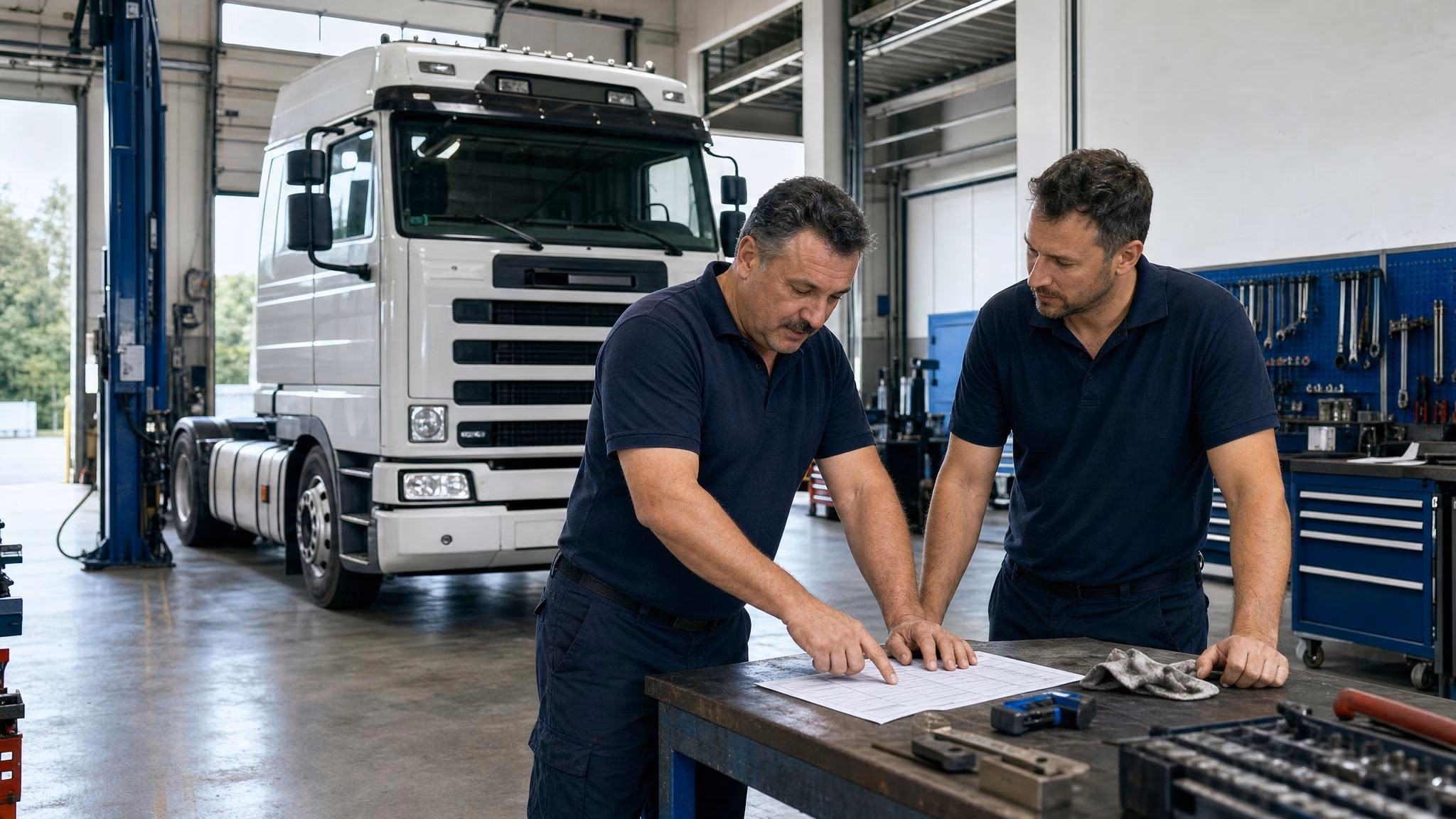 Werkstattleiter unterstützt NFZ-Mechatroniker bei Lkw-Reparatur auf Hebebühne.