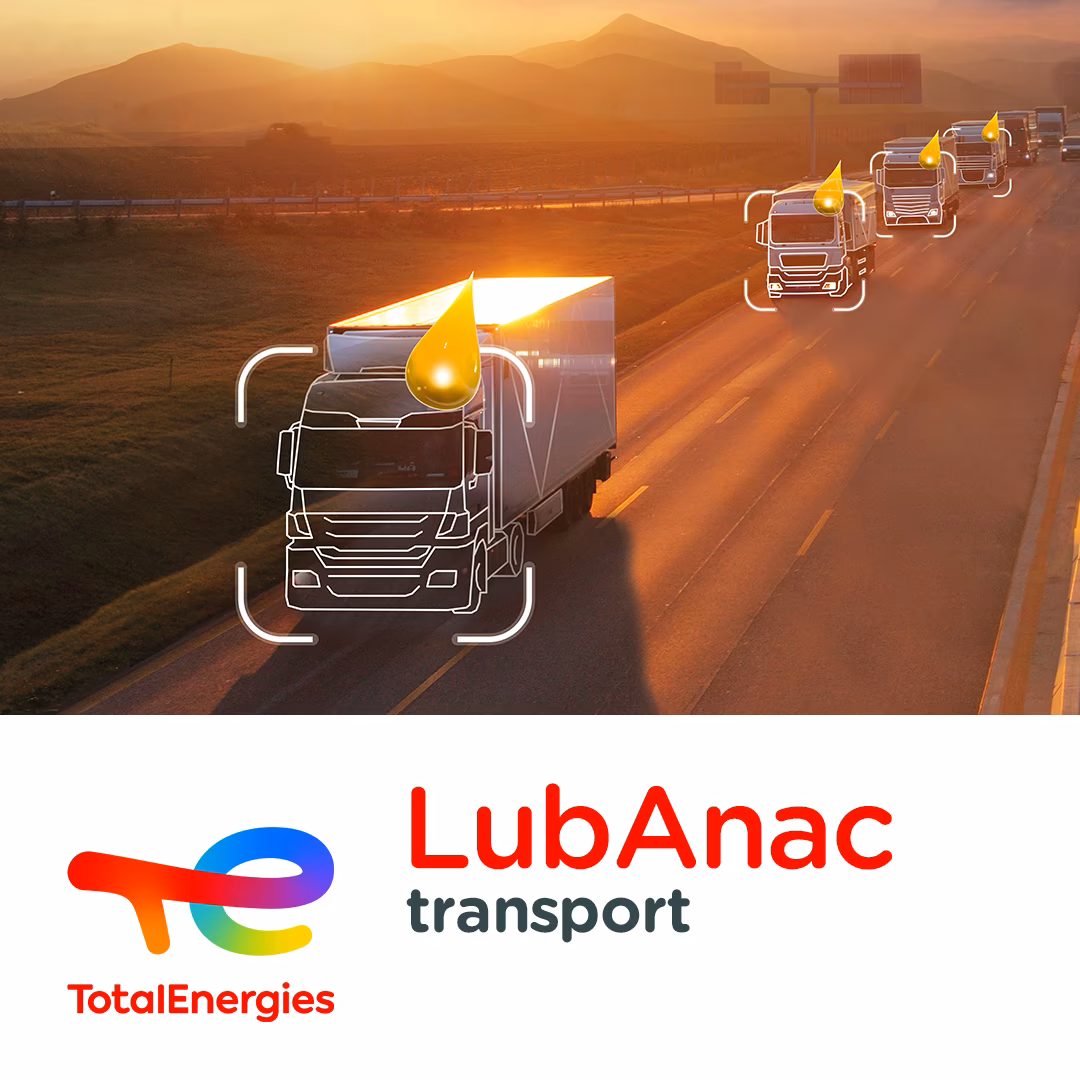 TotalEnergies LubAnac transport: Lkw-Konvoi mit Öltropfen-Indikatoren auf Highway zur Schmierstoff-Analyse