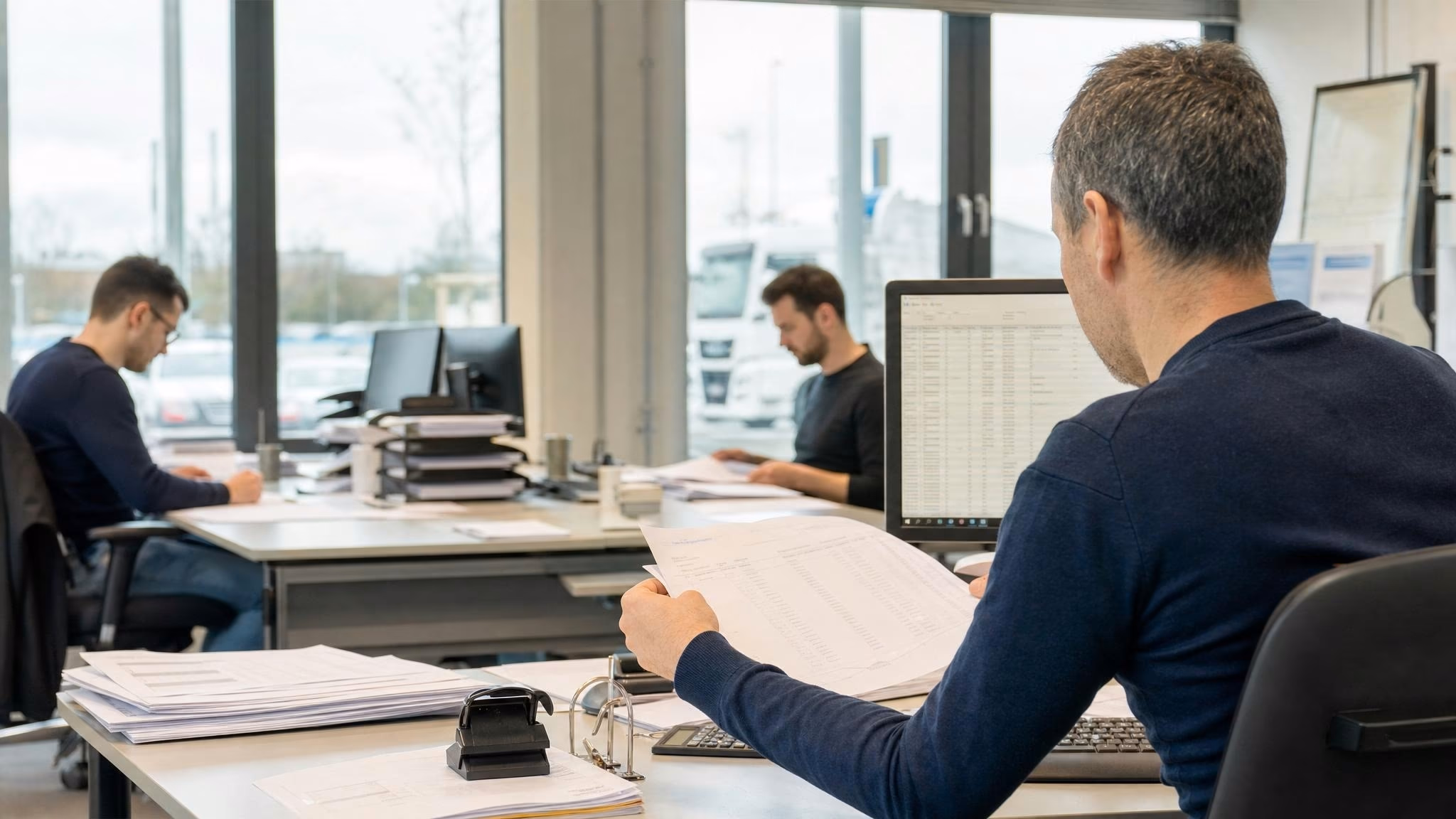 Disponent von hinten im Werkstattbüro mit Papier-Aktenstapel und Klemmbrett auf dem Tisch