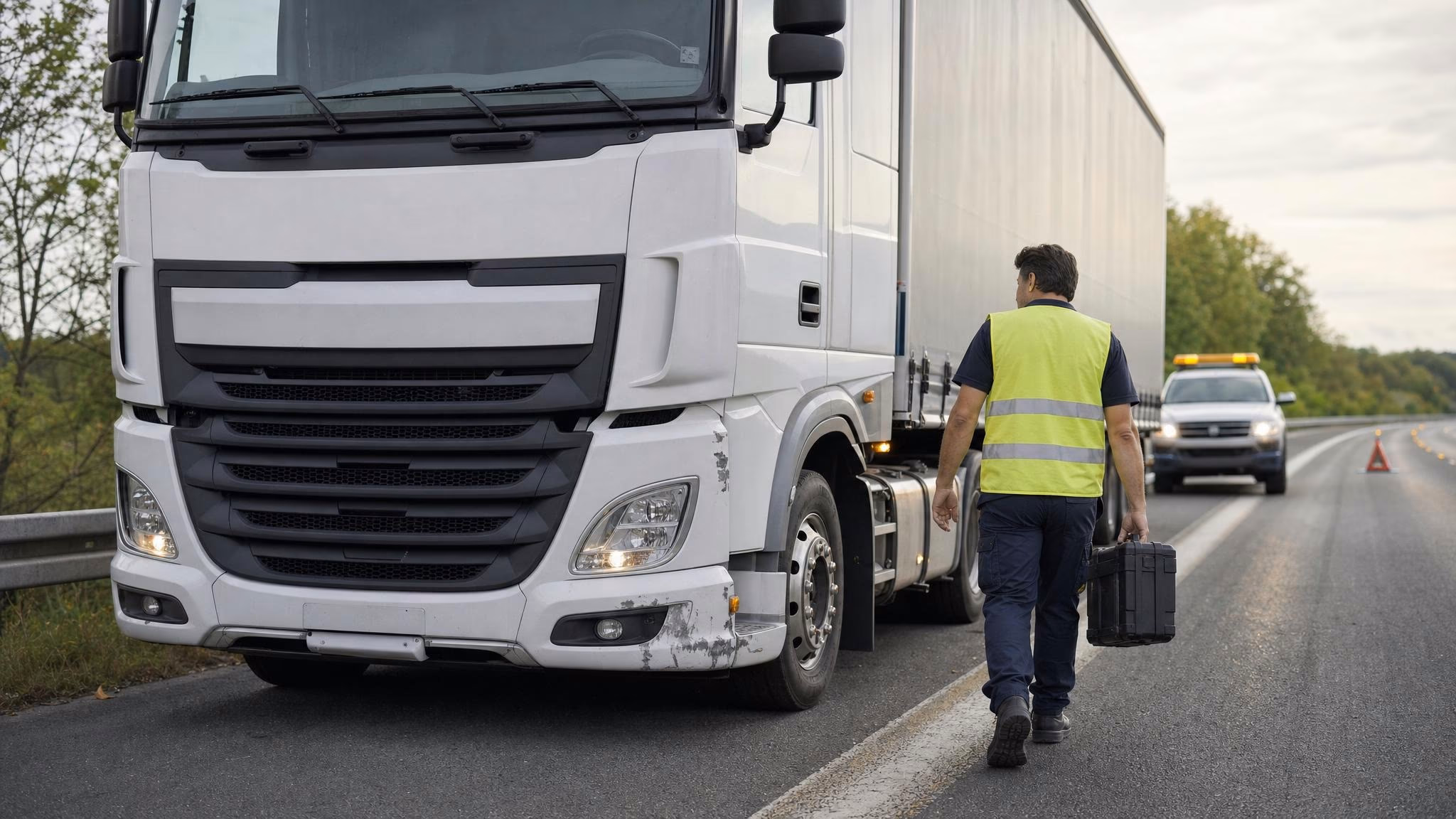 Hände in dunkelblauen Coveralls notieren auf einem Klemmbrett vor einer Beule am Lkw-Kotflügel