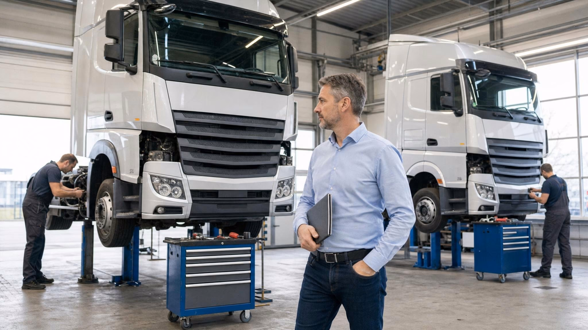 Zwei Lkw parallel auf Hebebühnen in einer Halle, zwei Mechaniker im Halbprofil arbeiten zeitgleich an beiden Fahrzeugen