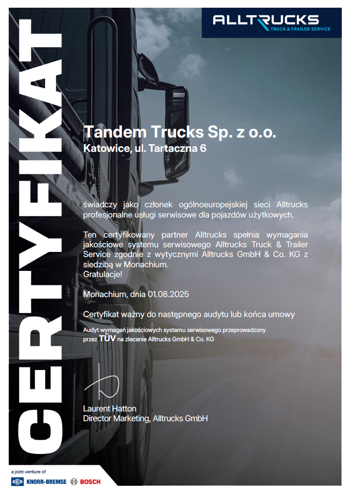 Alltrucks-Audit-Zertifikat: visuelle Darstellung der Qualitätsprüfung im polnischen Partnernetzwerk.
