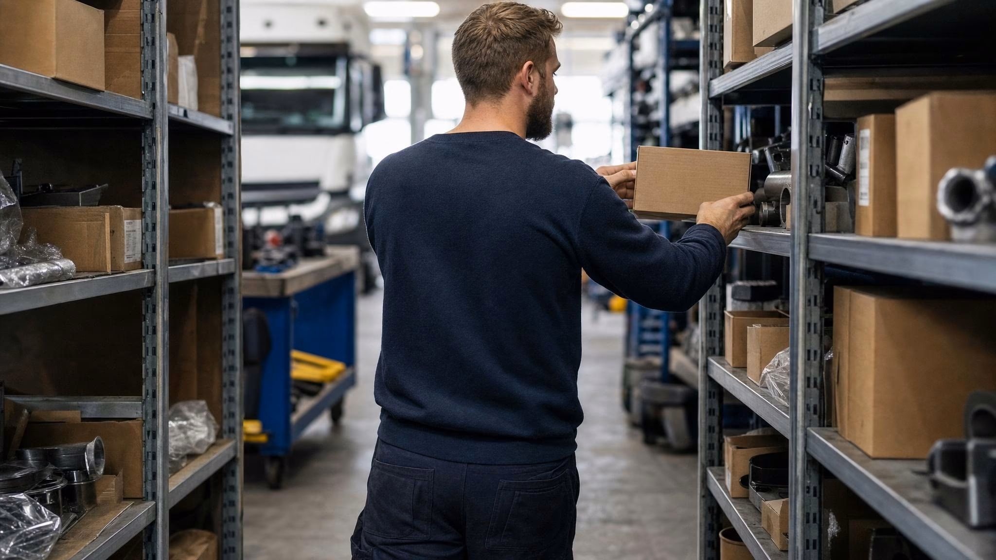 Lager-Mitarbeiter zwischen Regalreihen im Teilelager der freien NFZ-Werkstatt, Hände greifen einen beschrifteten Karton im Regal, von hinten fotografiert, dunkelblaue Coveralls