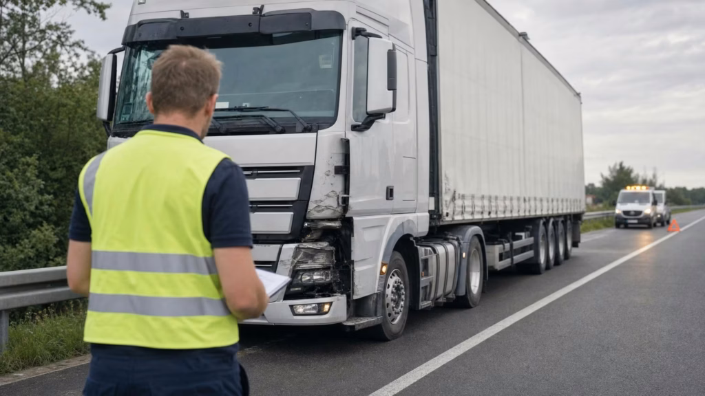 Fahrer in Warnweste von hinten am Unfallort, Klemmbrett mit Schadensblatt in der Hand, beschädigter Lkw im Hintergrund