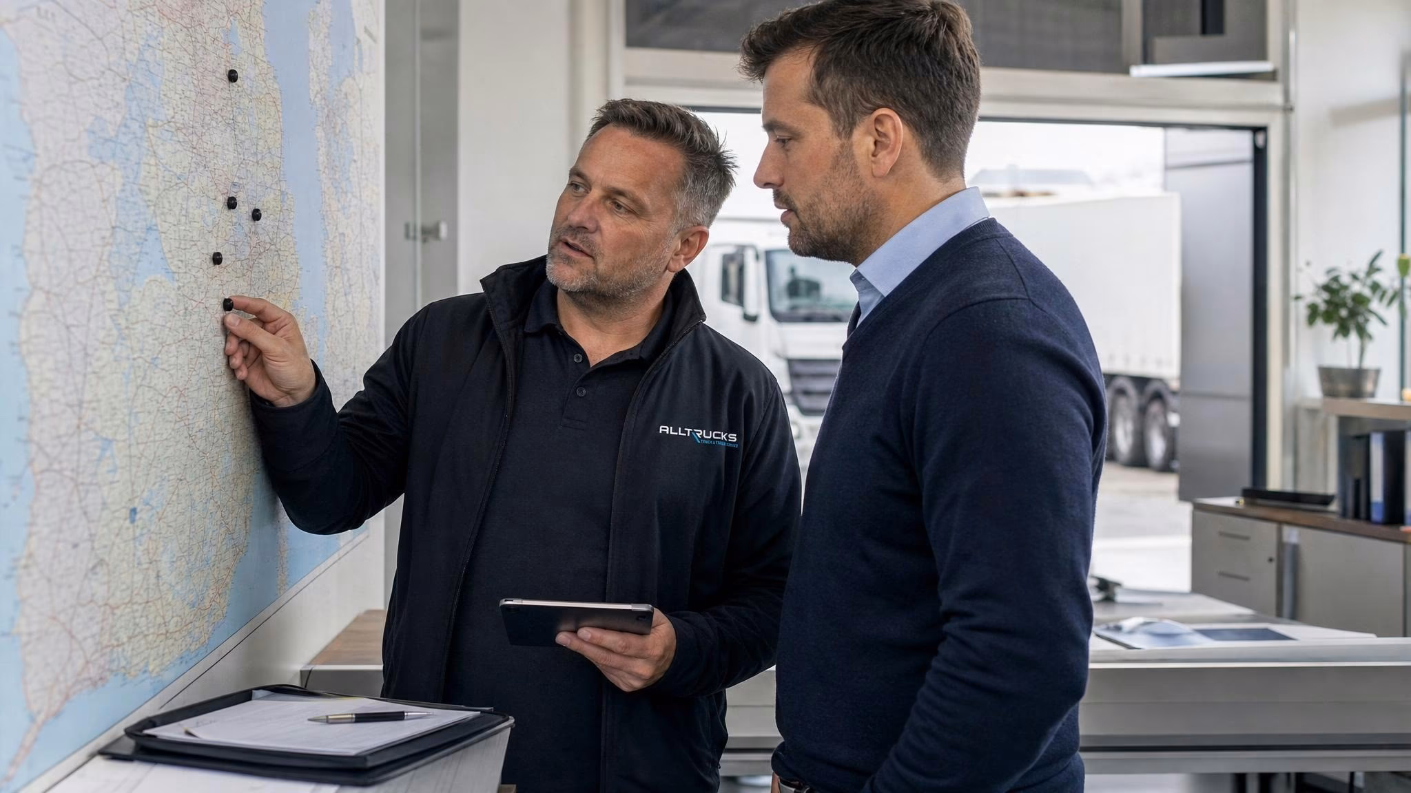 Disponent von hinten vor großer Wandkarte mit magnetischen Lkw-Markern in unterschiedlichen Farben, ohne lesbare Beschriftung