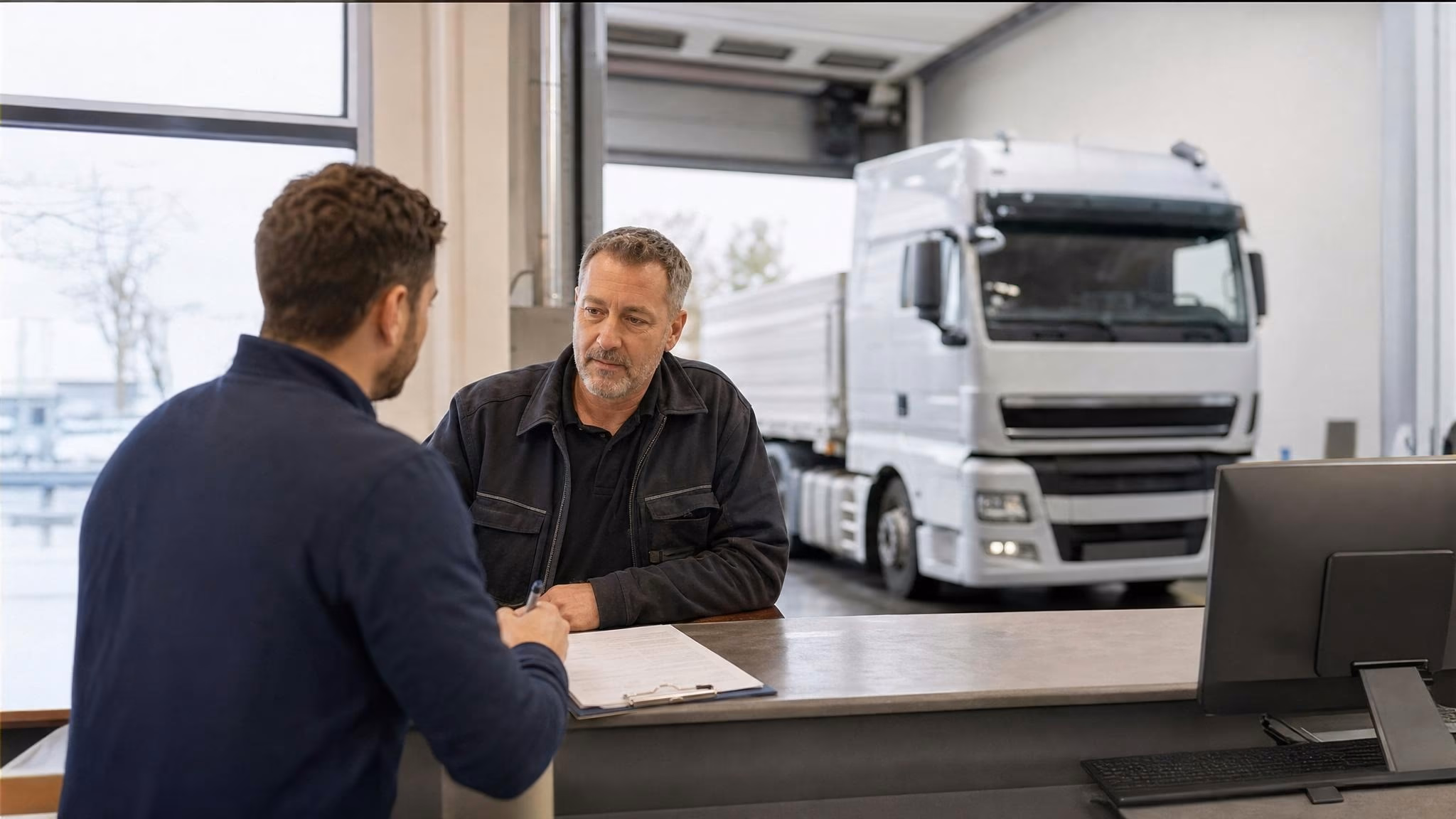 Werkstattmeister im Halbprofil mit Klemmbrett am Annahmetresen, dunkelblauer Coverall, Lkw-Front unscharf im Hintergrund