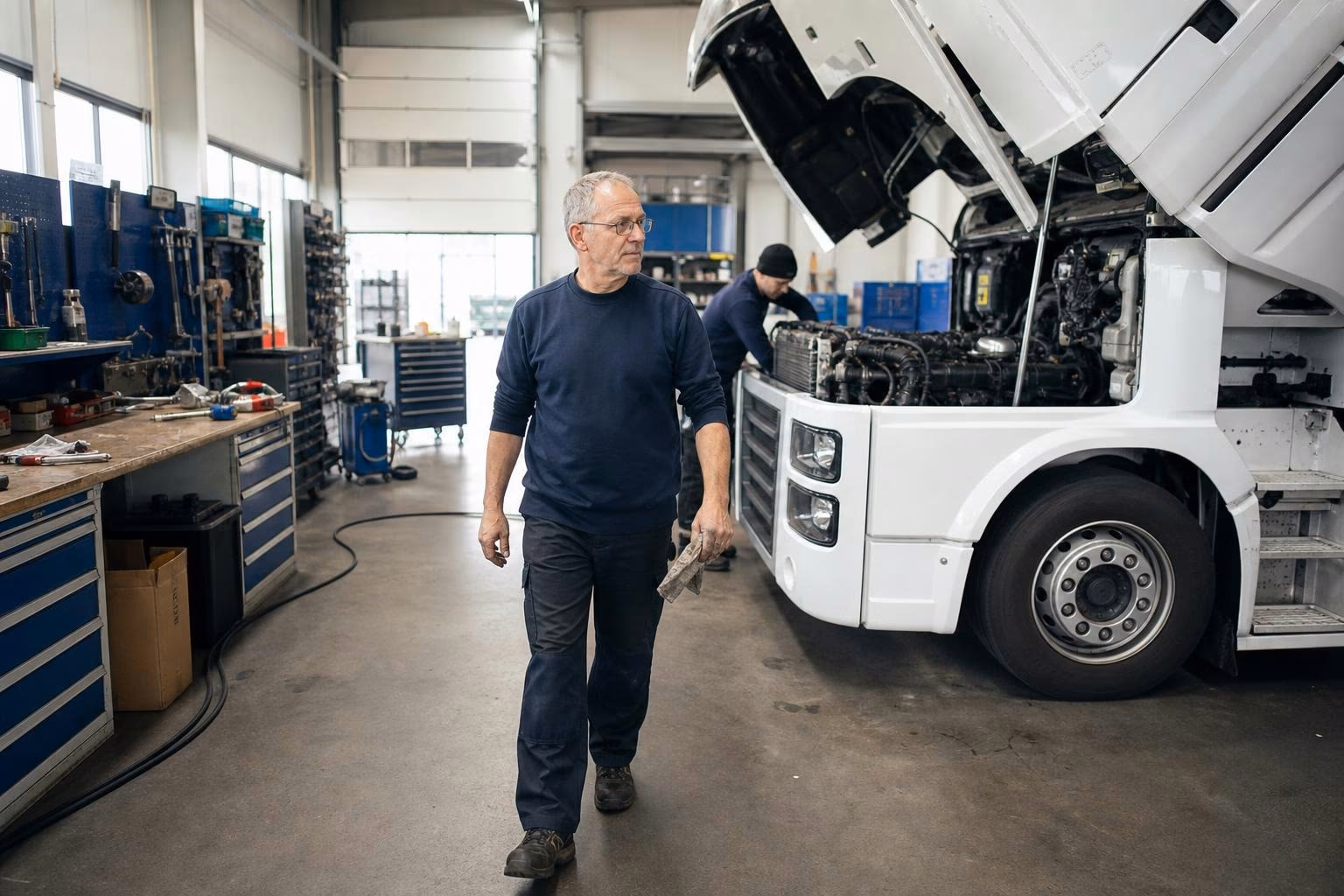 Mechaniker arbeitet am offenen Fahrerhaus eines Sattelzugs in der Werkstatt.