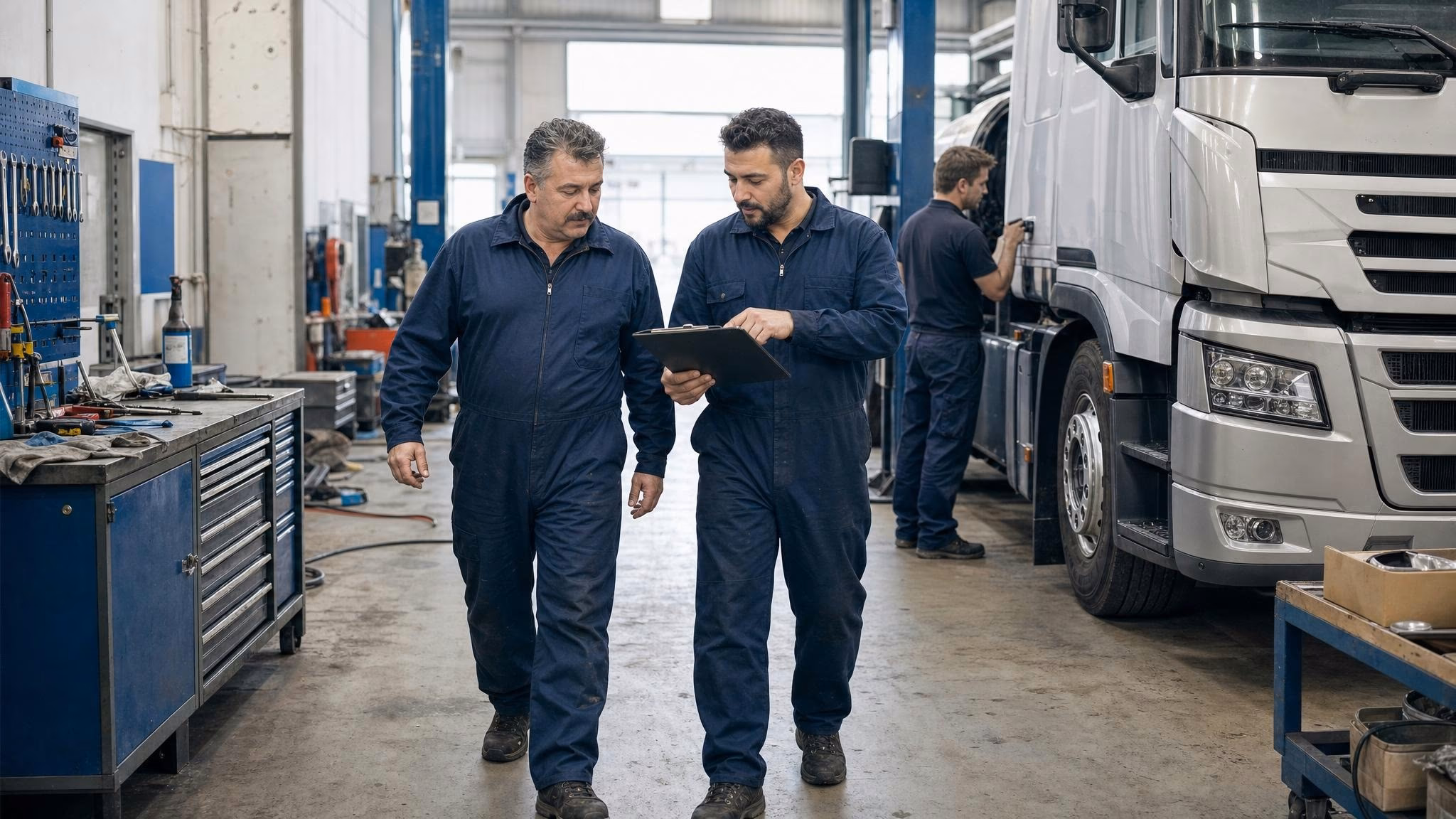 Werkstattmeister erklärt dem Flottenkunden die Reparatur an der Vorderachse eines Lkw in der Werkstatt.