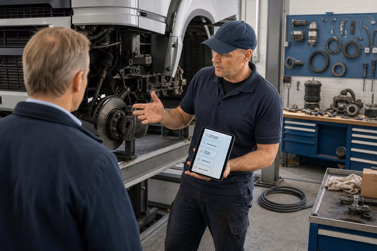 Werkstattmeister überprüft mit Mechaniker auf Klemmbrett die Kosten für eine Lkw-Reparatur in der Werkstatt.