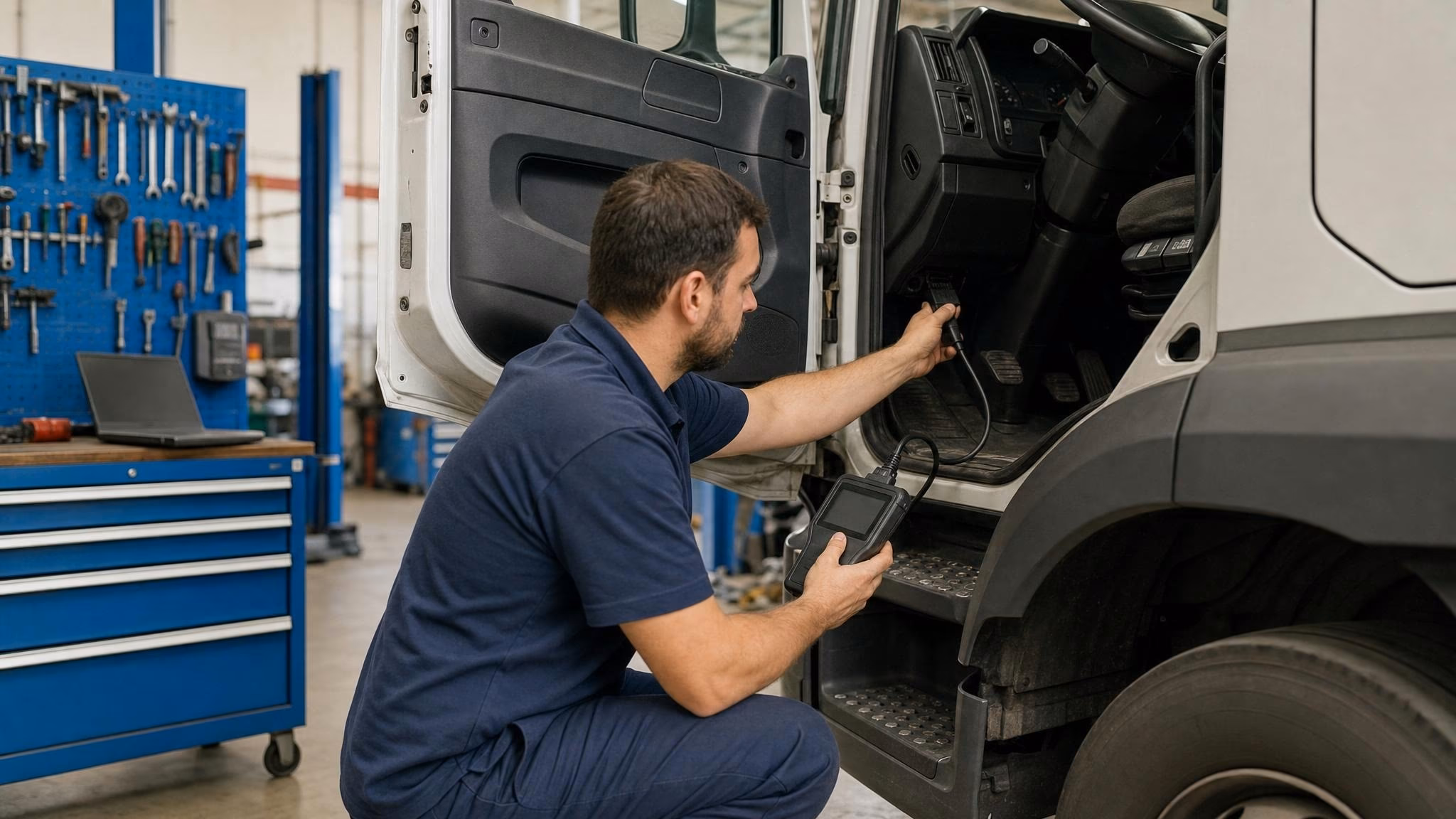 Mechatroniker kniet neben dem Fahrerhaus eines Lkw und steckt einen Diagnose-Stecker in den OBD-Port.