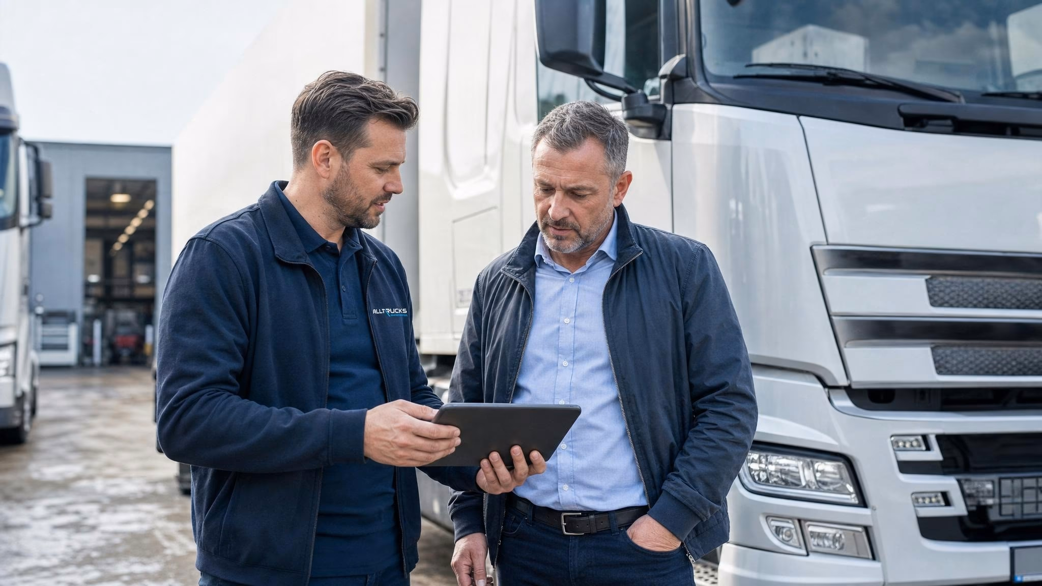 Disponent am Annahmetresen mit Klemmbrett, Wandkalender und gerahmtem Lkw-Foto im Hintergrund