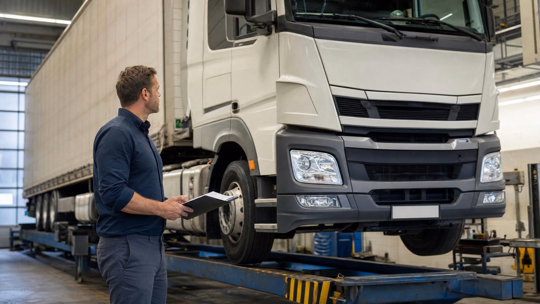 Mechaniker auf der Hebebühne, aufgeschlagene Werkstatt-Doku in den Händen neben Lkw-Antriebsstrang, Schrift unscharf