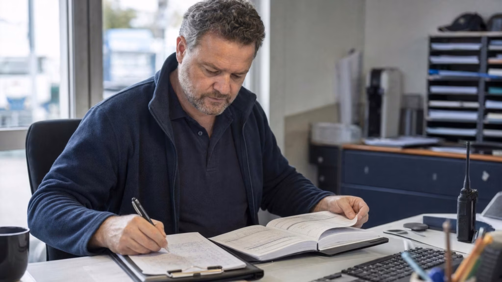 Werkstattleiter im Büro über aufgeschlagenem Wartungsheft, Klemmbrett mit handschriftlichen Notizen am Schreibtisch
