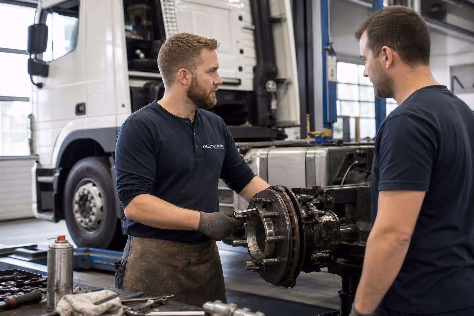 Mechaniker justiert Bremsanlage eines Lkw auf der Hebebühne mit Drehmomentschlüssel.