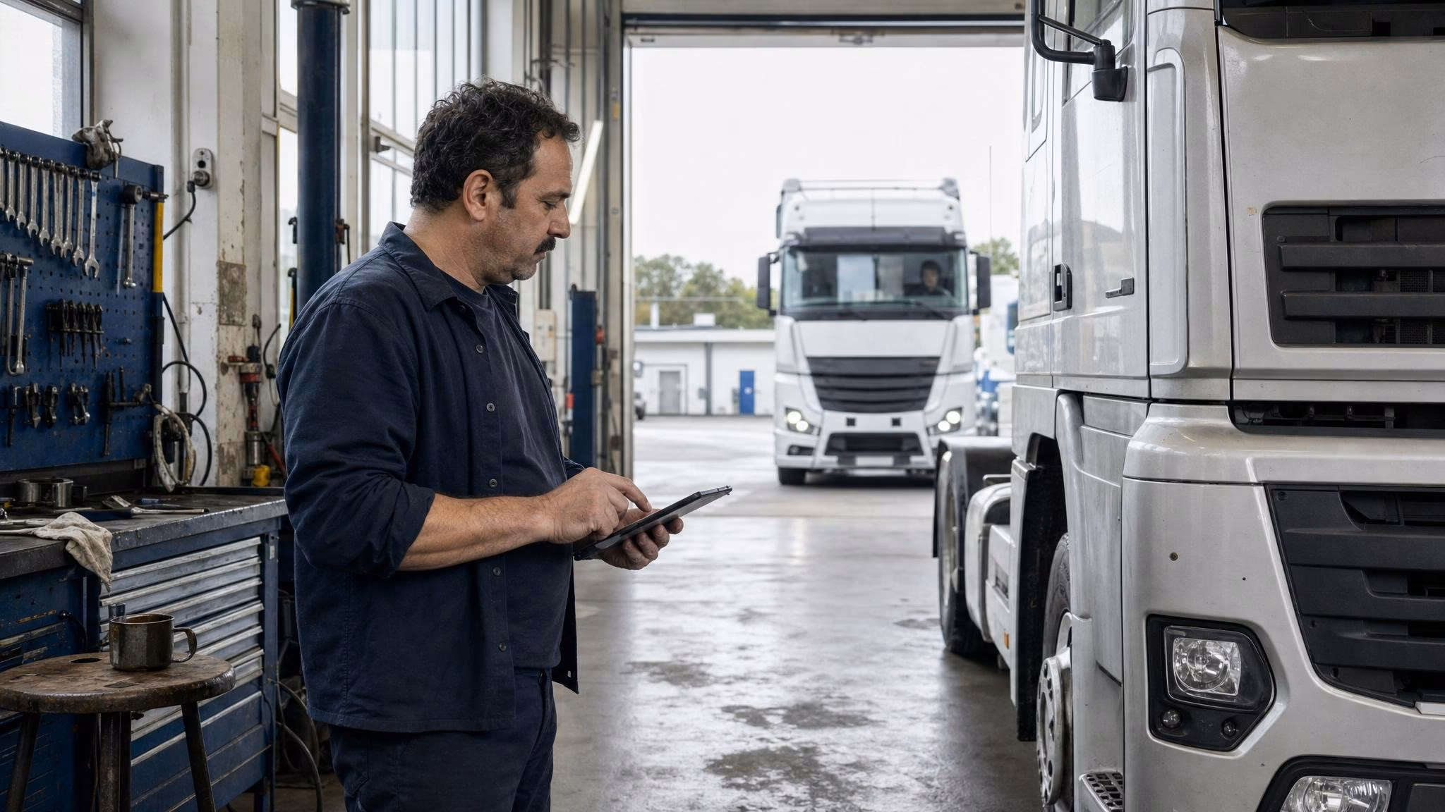 Mechaniker überprüft Lkw am Annahmebereich, während ein weiterer auf den Hof rollt.
