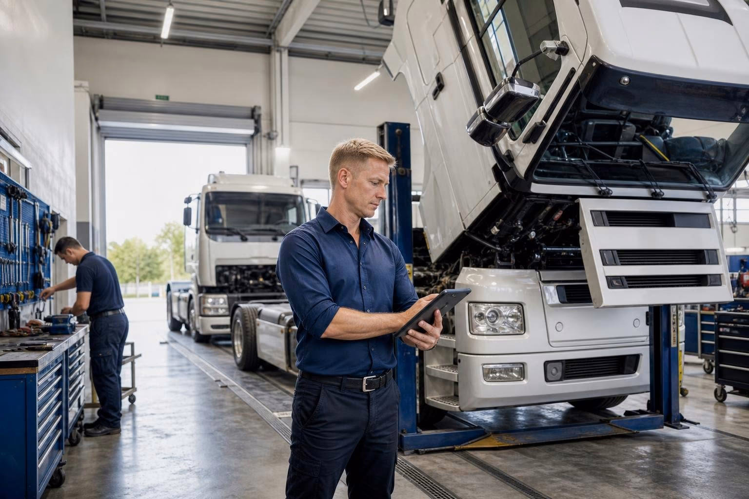 Mechaniker arbeitet an Achse und Bremsanlage eines Lkw auf einer Hebebühne in einer Werkstatt.