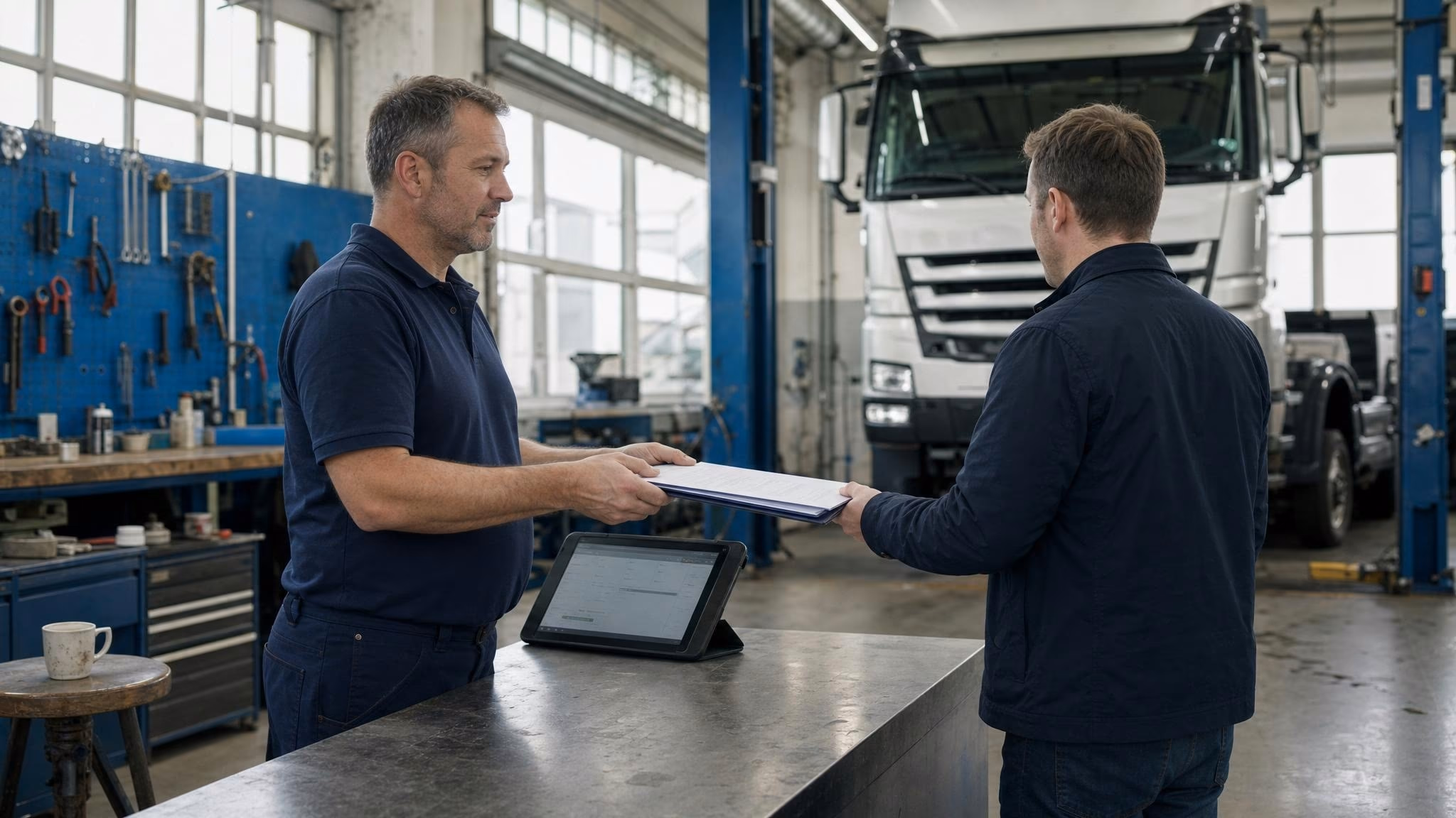 Servicemeister Müller überreicht am Annahmebereich einer Lkw-Werkstatt einem Flottenkunden die Auftragsmappe