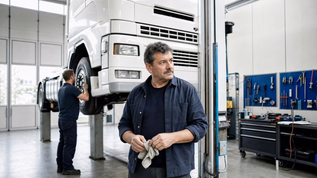 Werkstattleiter Müller überwacht Reparaturarbeiten an einem Lkw auf einer Hebebühne in einer hellen