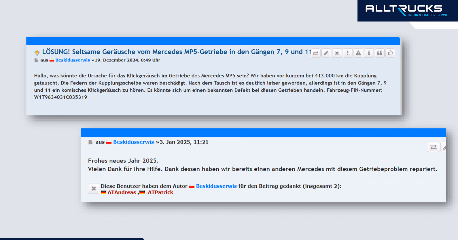 Screenshot eines gelösten Threads im Alltrucks Technik Forum: Geräusche am Mercedes MP5-Getriebe in den Gängen 7, 9 und 11
