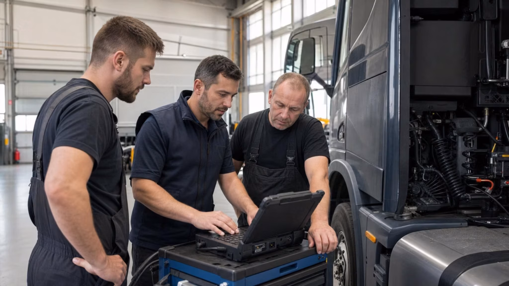 Un técnico de Alltrucks les enseña a los trabajadores del taller cómo hacer el diagnóstico directamente en el camión, allí mismo en el taller